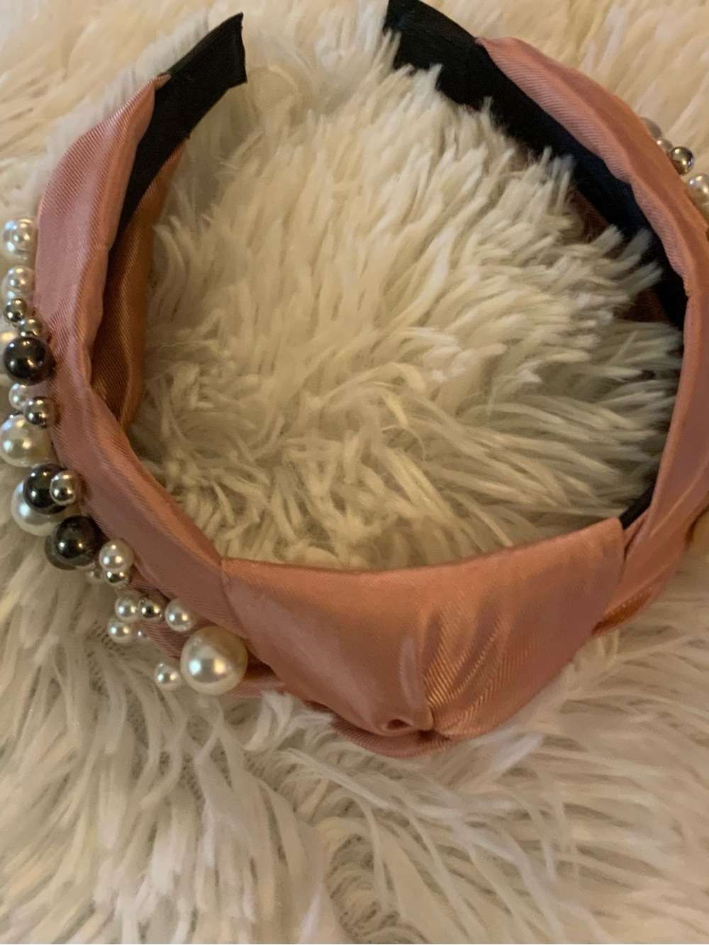 Knotted Satin Pearl Accent Headband in Dusty Pink